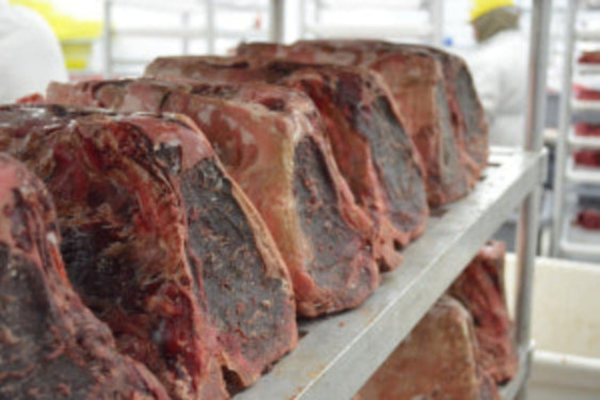 Row of sliced beef on a metal shelf in a kitchen setting