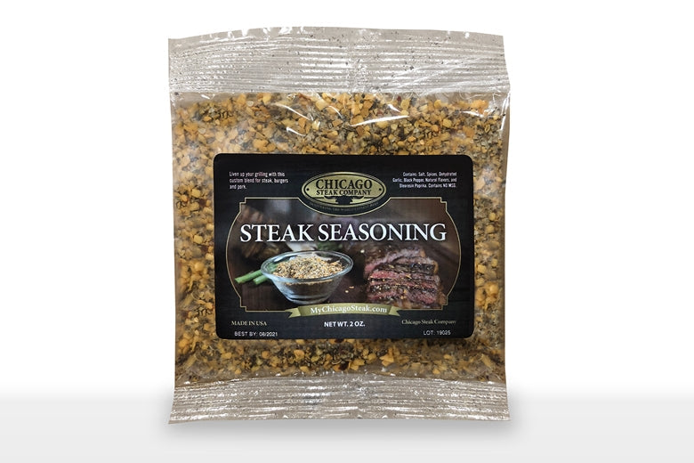 Packaged steak seasoning with visible brand label on a white background