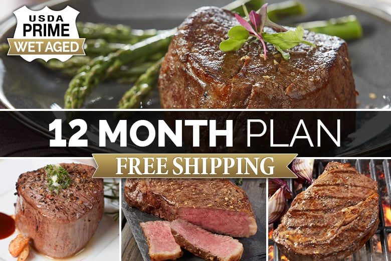 "To browse our other Steak Gift Club options click hereShipping is FREE on Gift Club MembershipsWhen only the Best Will Do - USDA Prime. The finest Five Star Steakhouses in the US prefer USDA Prime. Only 2% of the beef in the US Qualifies. Our USDA Prime Twelve-Month Gift Plan lets you show your friends, family, clients, and colleagues how much you care with this generous, twelve-month supply of Chicago Steak Company's USDA Prime Steaks. Jan |  4 (6oz) USDA Prime Filet Mignons&nbsp;&nbsp;&nbsp;&nbsp;&nbsp;&nbsp;&nbsp;&nbsp;1 - 5oz Signature Steak SeasoningFeb |  4 (12oz) USDA Prime Boneless StripsMar |  8 (8oz) USDA Prime Steak BurgersApr   4 (16oz) USDA Prime Bone-In Rib EyesMay |  4 (8oz) USDA Prime Top SirloinsJune |  4 (6oz) USDA Prime Filet MignonsJuly |  16 (8oz) Gourmet Steak BurgersAug |  12 (2oz) Premium Angus Beef Medallion FiletsSept |  4 (8oz) USDA Prime Top SirloinsOct |  4 (6oz) USDA Prime Filet MignonsNov |  8 (8oz) Wagyu Beef Steak BurgersDec |  4 (12oz) USDA Prime Rib