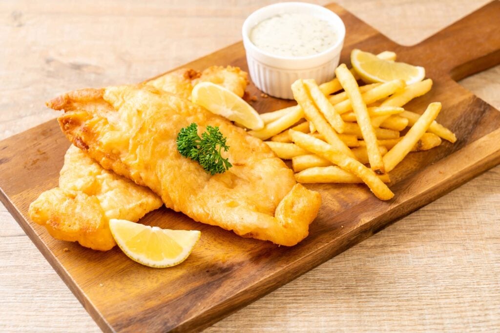 fried fish with french fries and tartar sauce