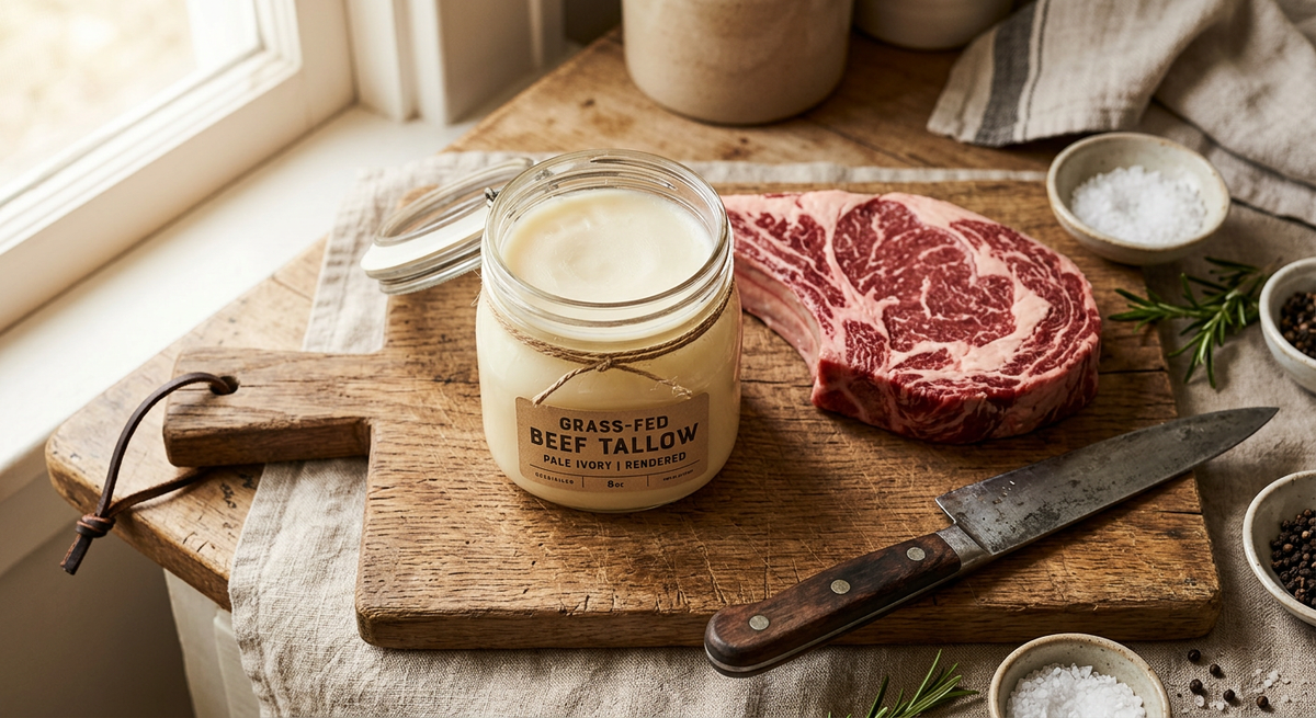 Crock of rendered beef tallow next to a well-marbled ribeye steak on a butcher block