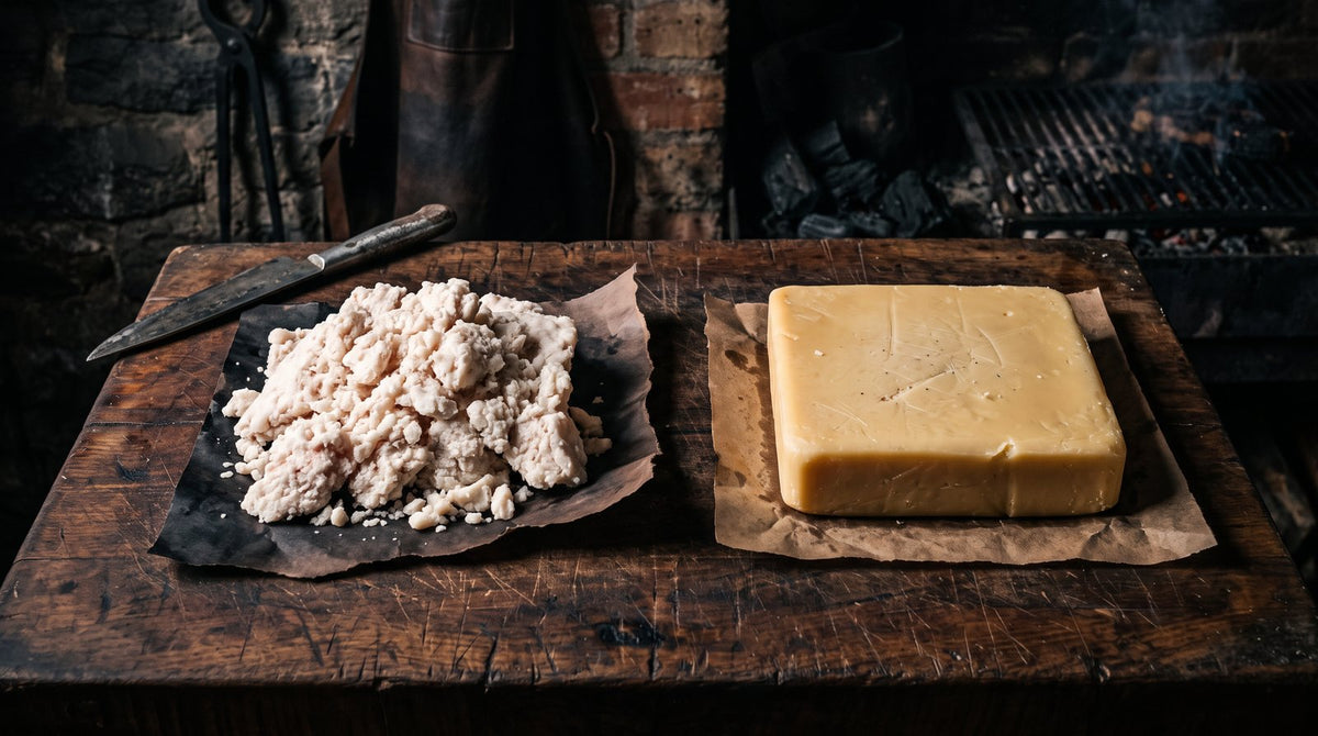 Raw beef suet next to rendered beef tallow, showing the texture difference