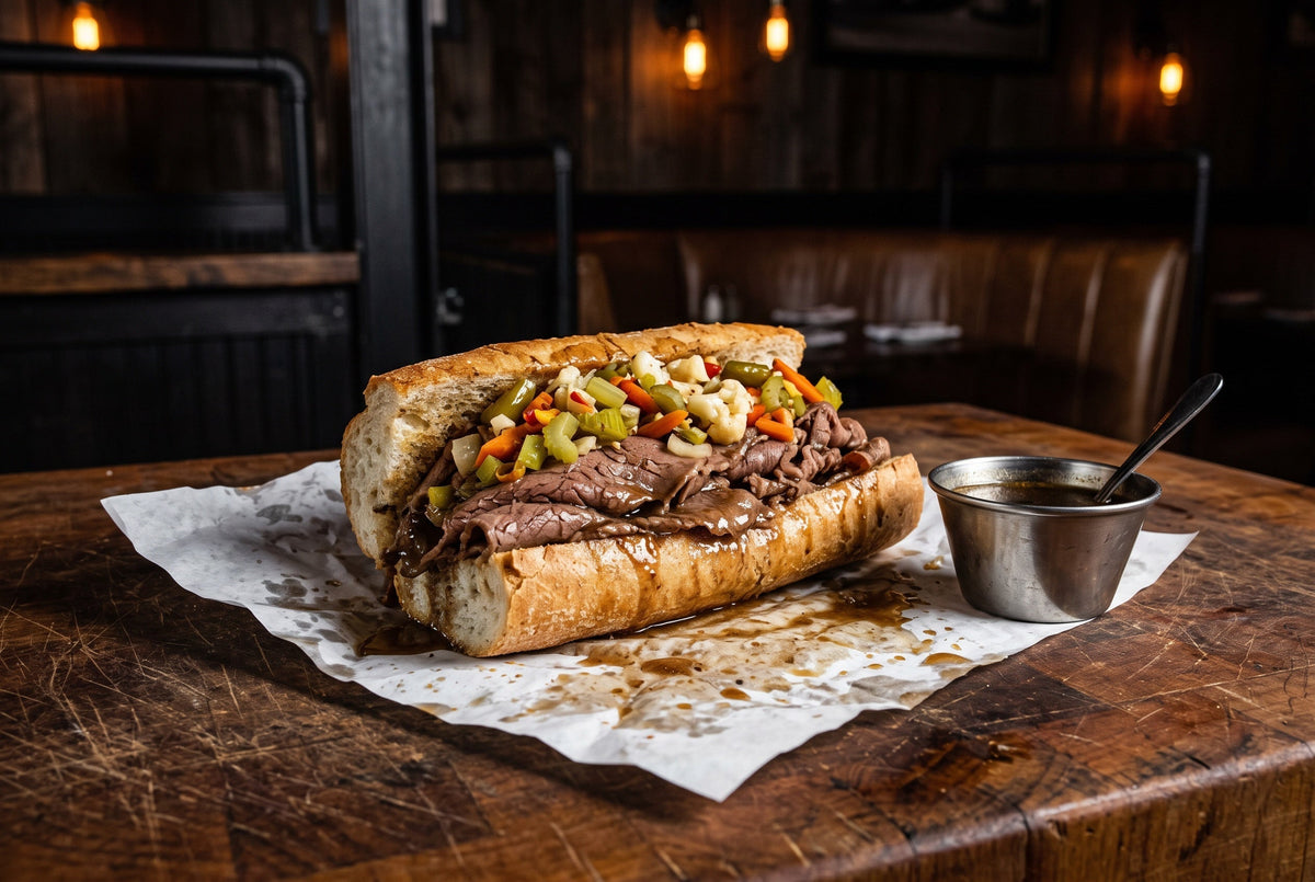 Chicago Italian beef sandwich piled with thin-sliced roast beef and hot giardiniera, with a cup of jus