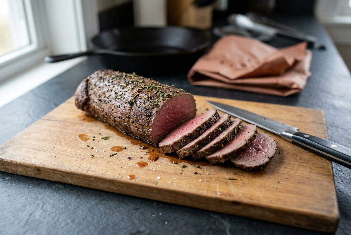 Eye of round roast with a peppery herb crust, sliced thin on a carving board to show a pink center