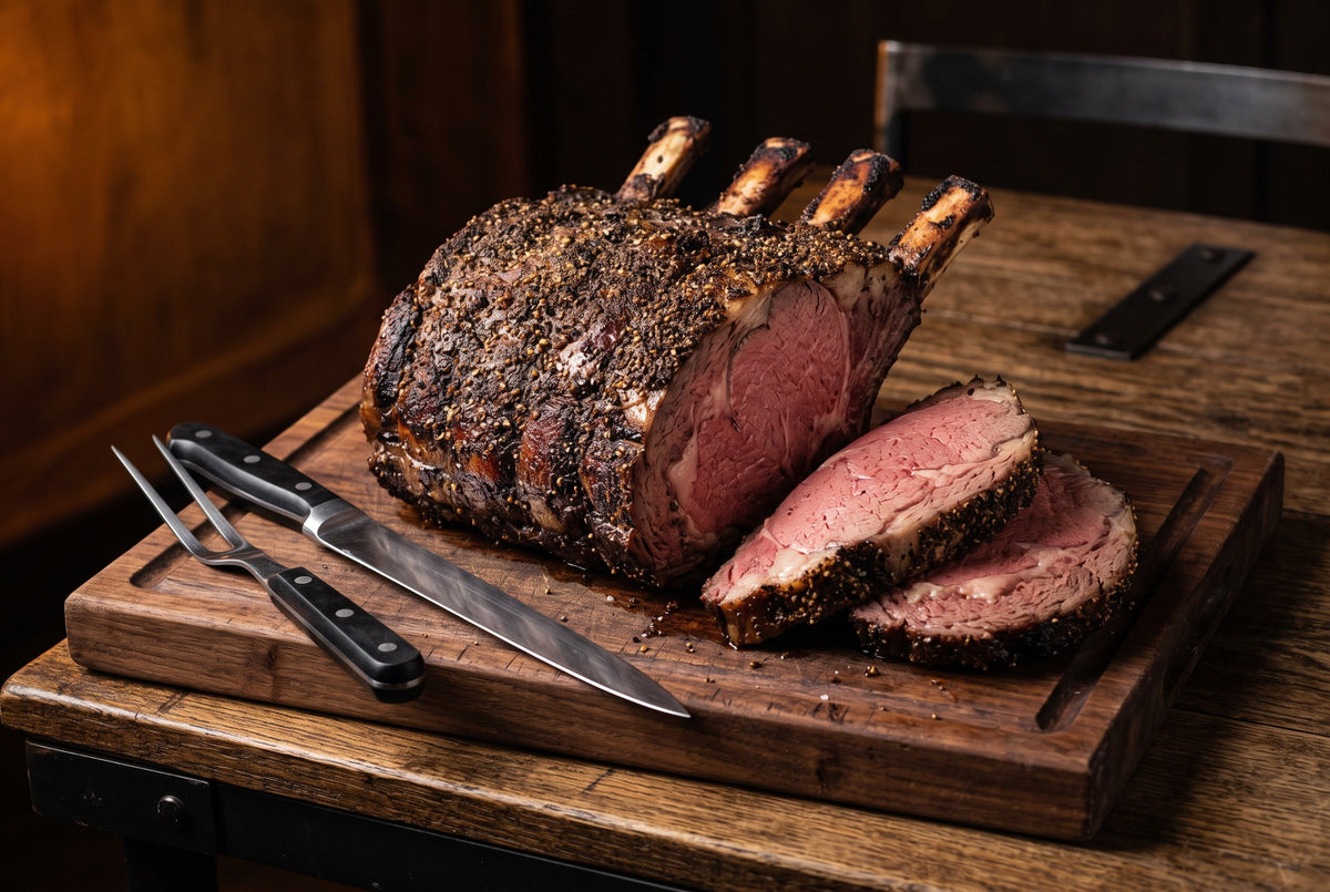 Bone-in prime rib roast with a peppercorn crust on a carving board, two slices cut to show a medium rare center