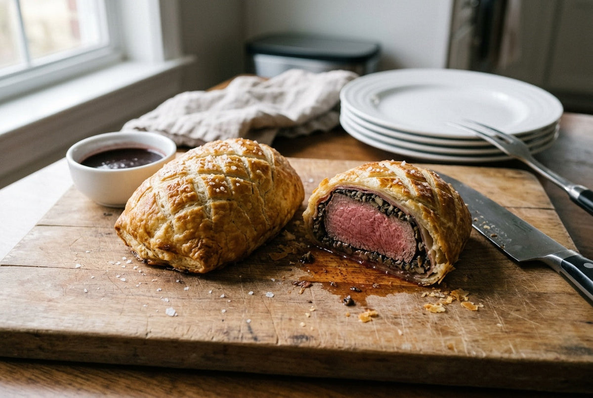 Two individual beef wellingtons on a carving board, one cut open to show a pink medium rare filet, mushroom duxelles and flaky puff pastry