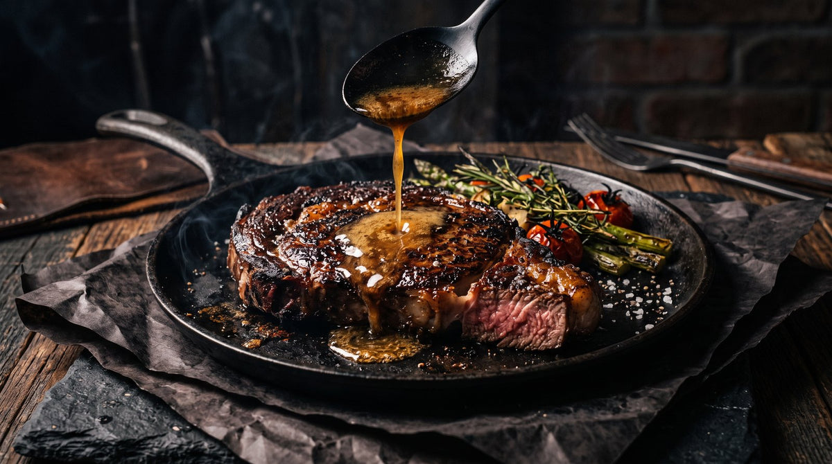 Seared ribeye steak with melting beef tallow and charred vegetables in a moody steakhouse setting