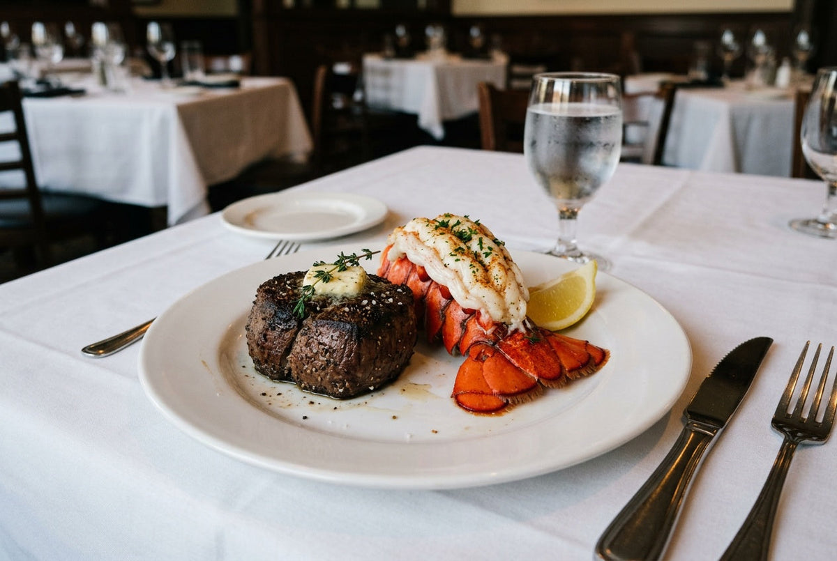 Seared filet mignon and a broiled lobster tail with garlic butter on a white plate at a steakhouse table