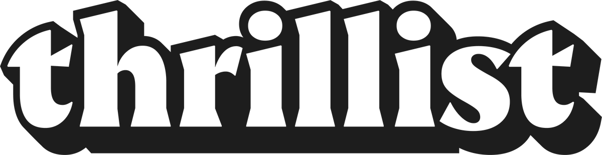 Black and white logo of 'thrillist' on a black background