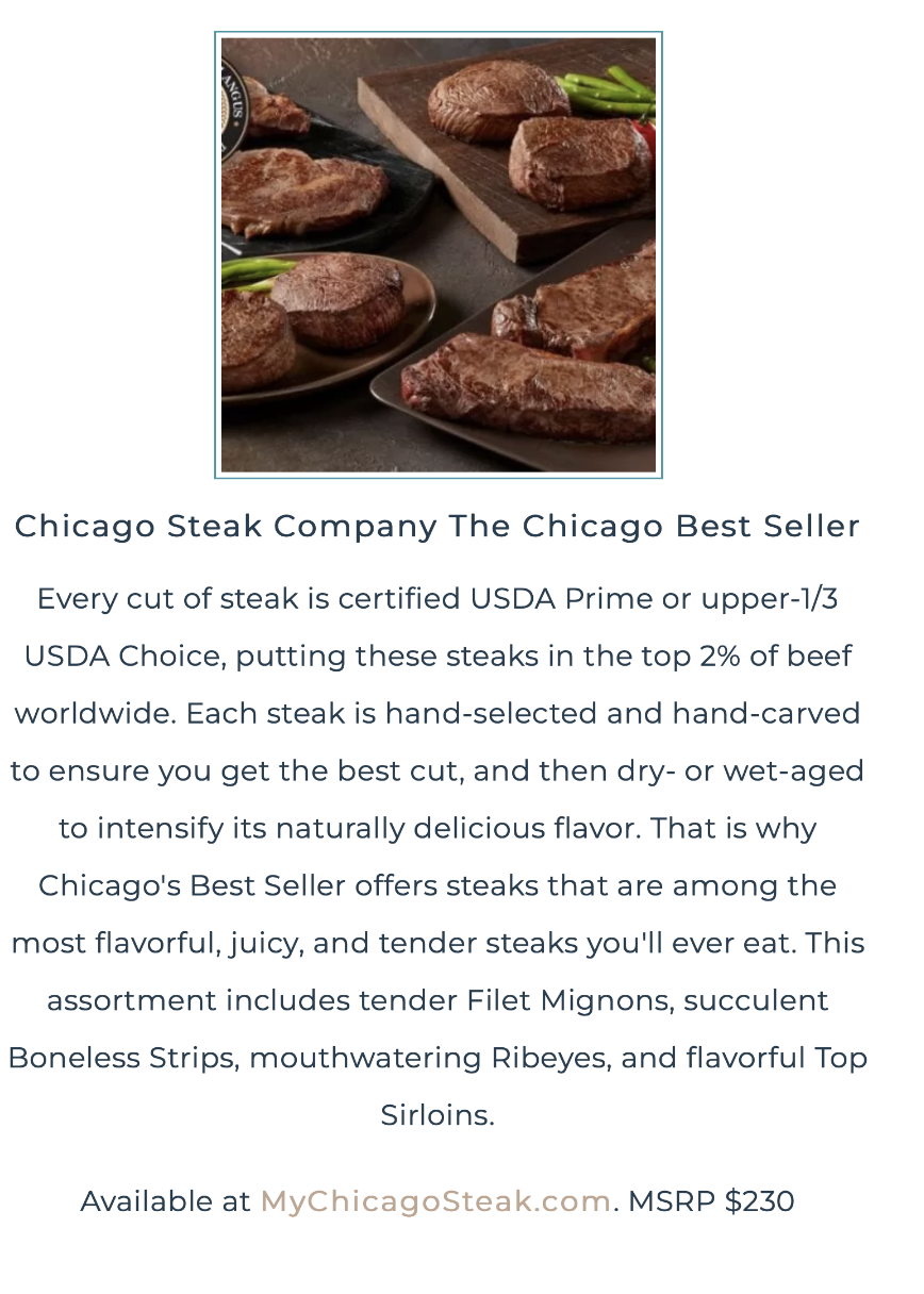 Advertisement for Chicago Steak Company Best Seller with steaks on a wooden board.