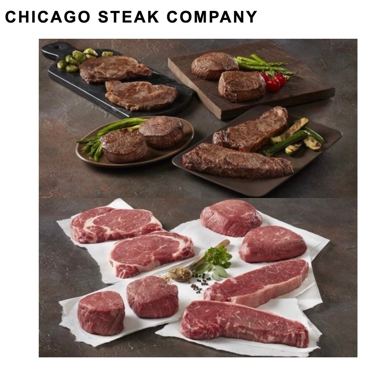 Chicago Steak Company product display with cooked steaks and raw meat on a dark surface.