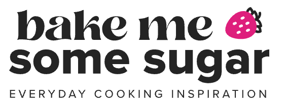 Logo with 'bake me some sugar' text and a strawberry icon on a white background