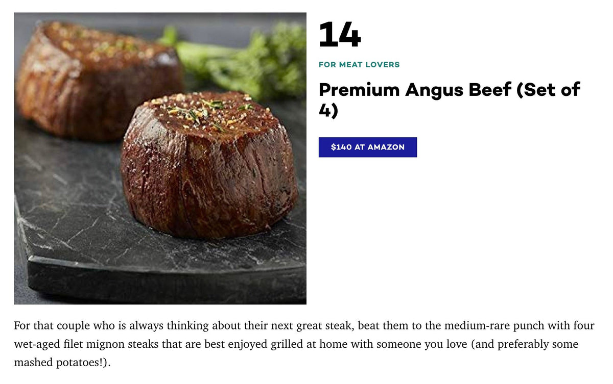 Two cooked steaks on a slate surface with promotional text for Premium Angus Beef set.