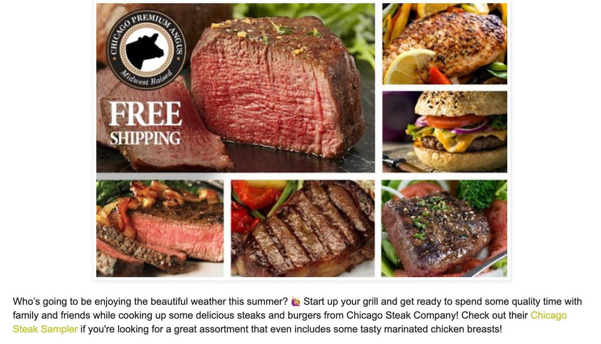 Advertisement for Chicago Steak Company with images of steaks, burgers, and chicken breast, featuring free shipping offer.