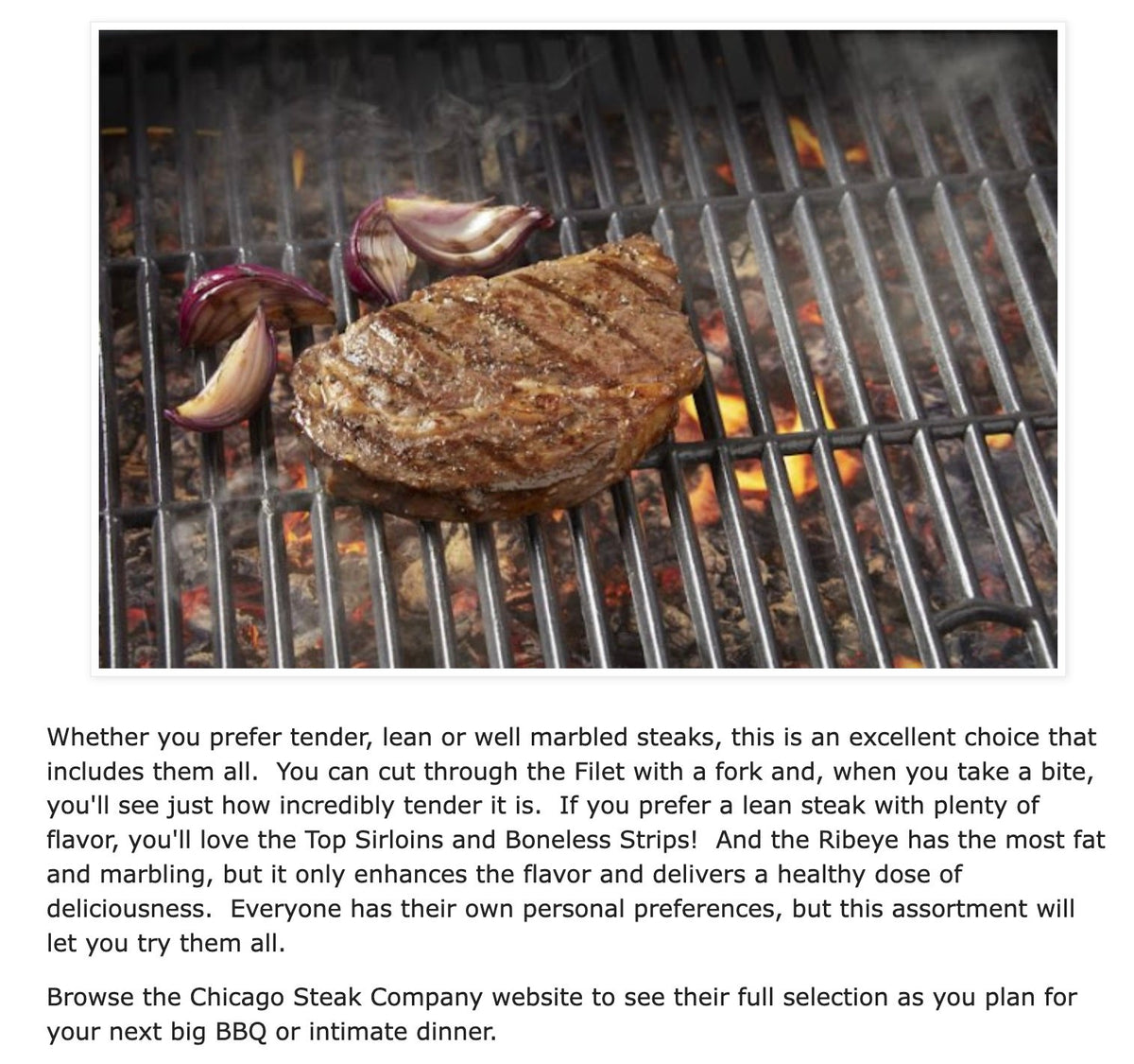 Steak being grilled on a barbecue with onions, accompanied by promotional text about steak options.
