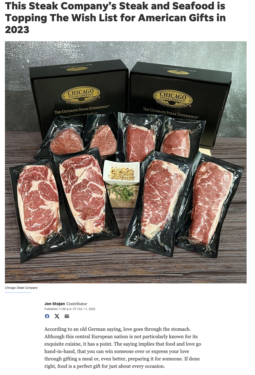 Packaged steaks from Chicago Steak Company on a wooden surface with text about gift lists.