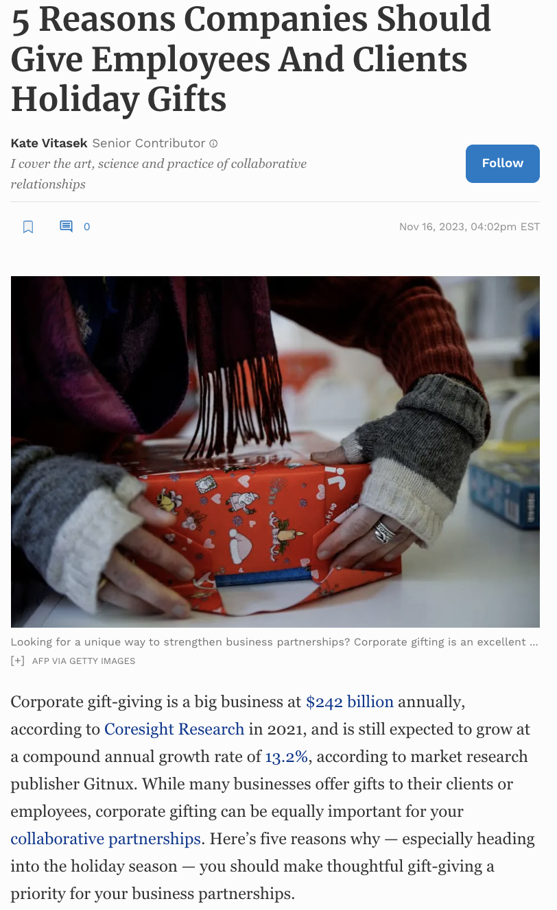Article about companies giving employees and clients holiday gifts, featuring a person opening a gift box.