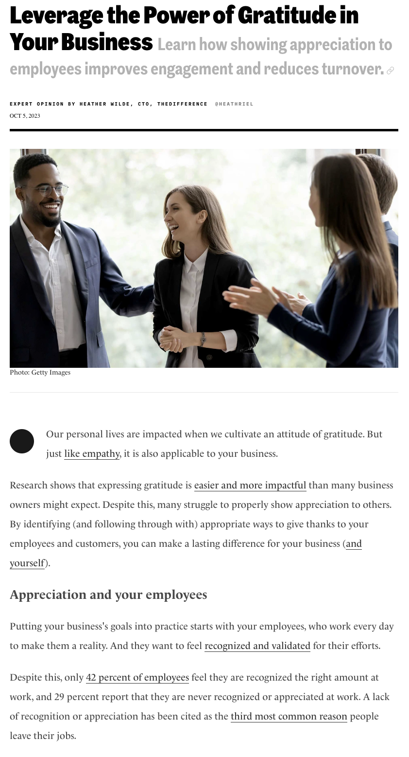 Article about leveraging gratitude in business with a photo of three people shaking hands.