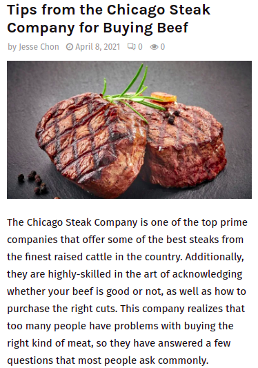 Steak on a slate surface with text about Chicago Steak Company tips for buying beef.