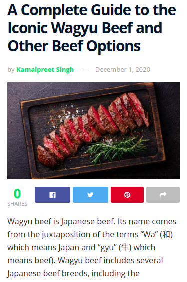 Article about Wagyu beef with a photo of sliced beef on a wooden board.