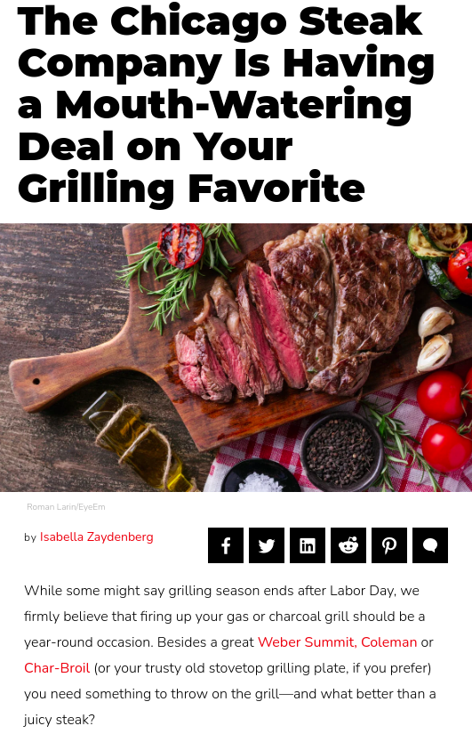 Promotional image for The Chicago Steak Company with grilled steak on a cutting board.