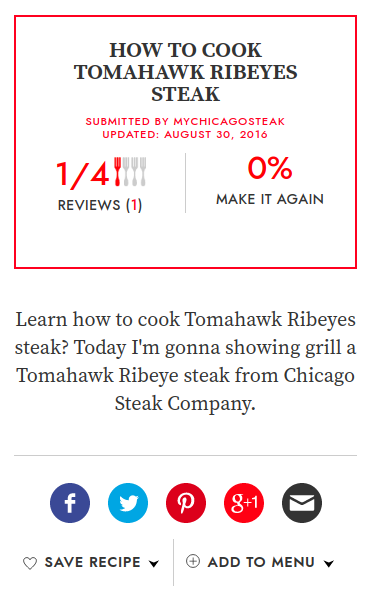 Instructional text on cooking Tomahawk Ribeyes steak with a rating and review section.