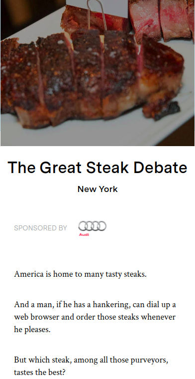 Steak on a plate with text about the 'Great Steak Debate' and Audi sponsorship.