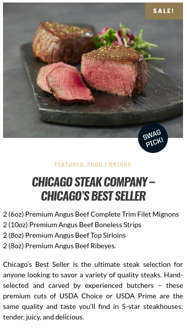 Steak on a stone platter with promotional text for the Chicago Steak Company.