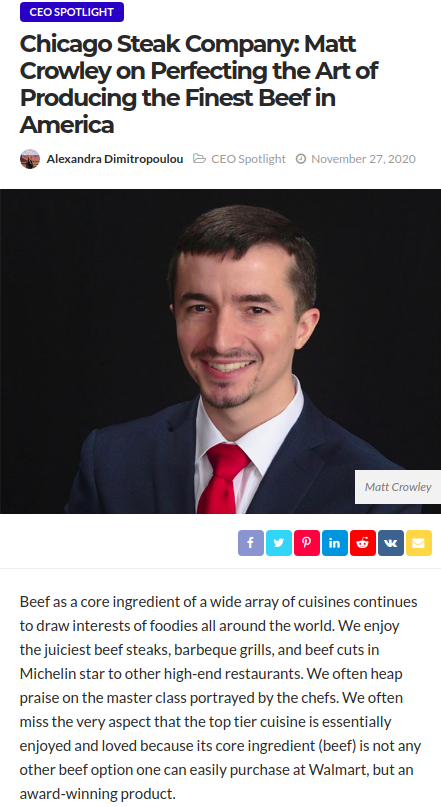 Article about Chicago Steak Company's Matt Crowley on producing the finest beef in America.