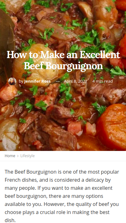 Screenshot of a recipe article for Beef Bourguignon with a close-up of the dish.