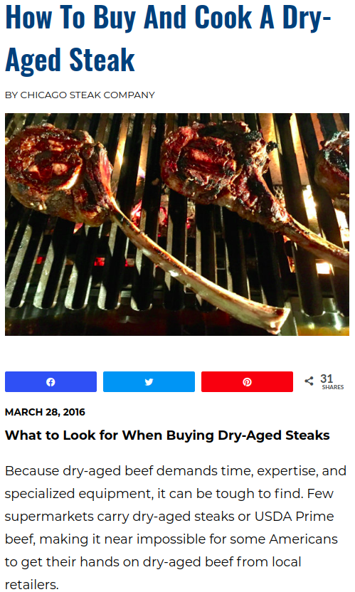 Article about buying and cooking dry-aged steak with a photo of steaks on a grill.