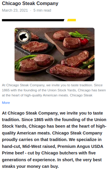 Chicago Steak Company advertisement with steaks on a plate and text about their history and quality.