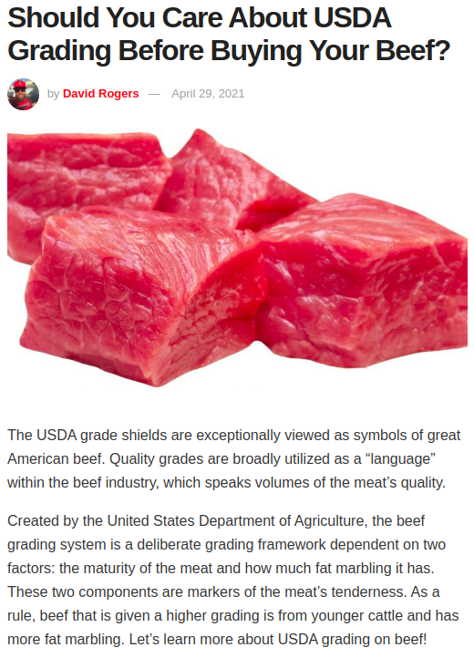 Raw beef with text about USDA grading on a white background