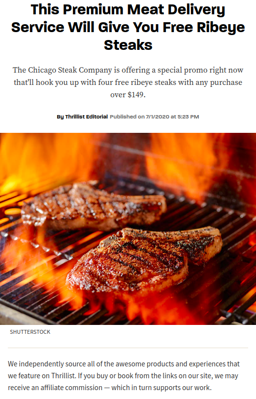 Promotional advertisement for The Chicago Steak Company with grilled steaks on a grill.