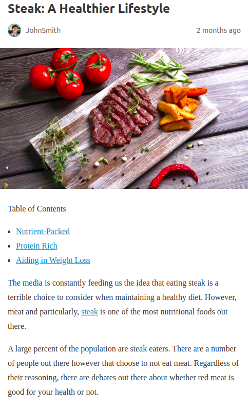 Steak on a wooden board with vegetables on a wooden surface, accompanied by text about a healthier lifestyle.