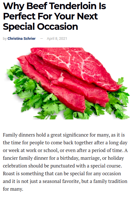 Article about beef tenderloin on a newspaper page with text and image of raw beef.