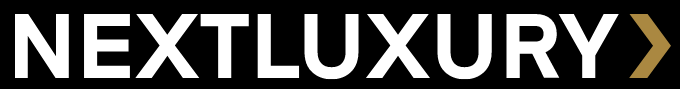 NextLuxury logo in white text with a gold arrow on a black background