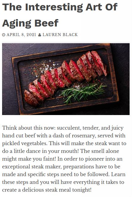 Article about the art of aging beef with sliced steak on a wooden board.