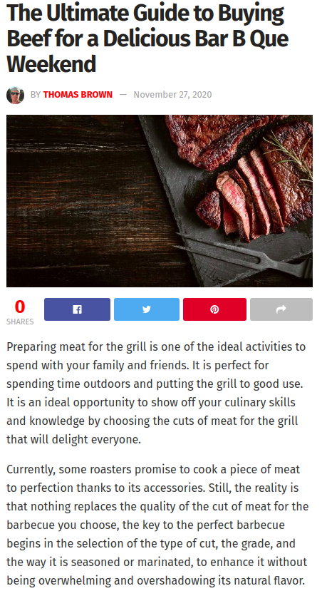 Article about buying beef for barbecue with a photo of sliced beef on a cutting board.
