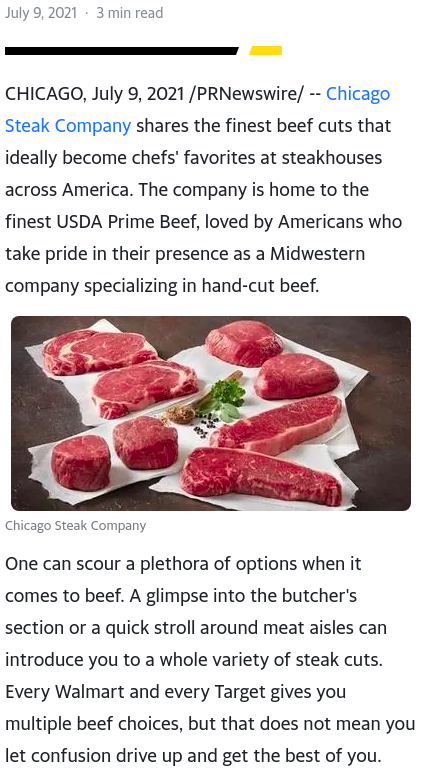 Raw beef steaks on a cutting board with text about Chicago Steak Company.
