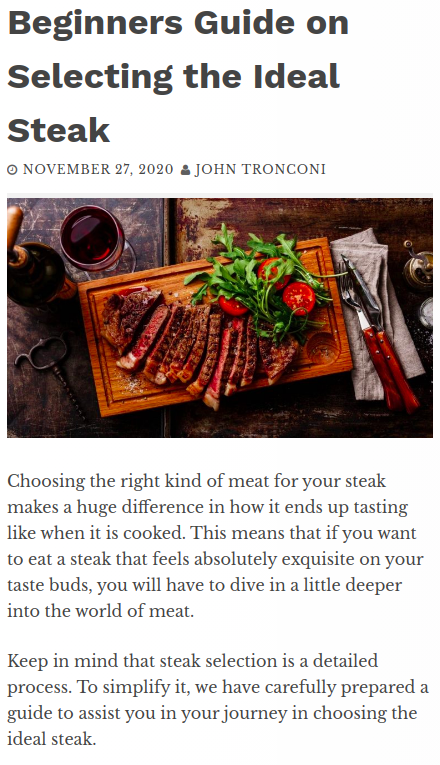 Article about selecting the ideal steak with a photo of a steak on a cutting board.