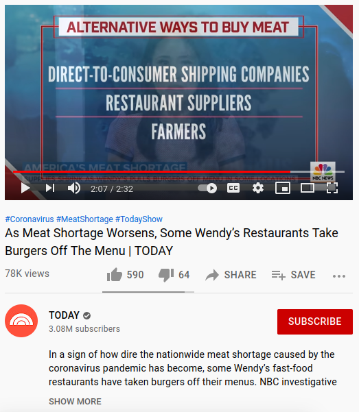 YouTube video thumbnail about alternative ways to buy meat, featuring Wendy's and meat shortage issues.