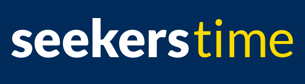 Logo of 'seekers time' with 'seekers' in white and 'time' in yellow on a blue background