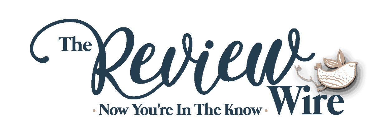 Logo of 'The Review Wire' with stylized text and a bird icon on a black background