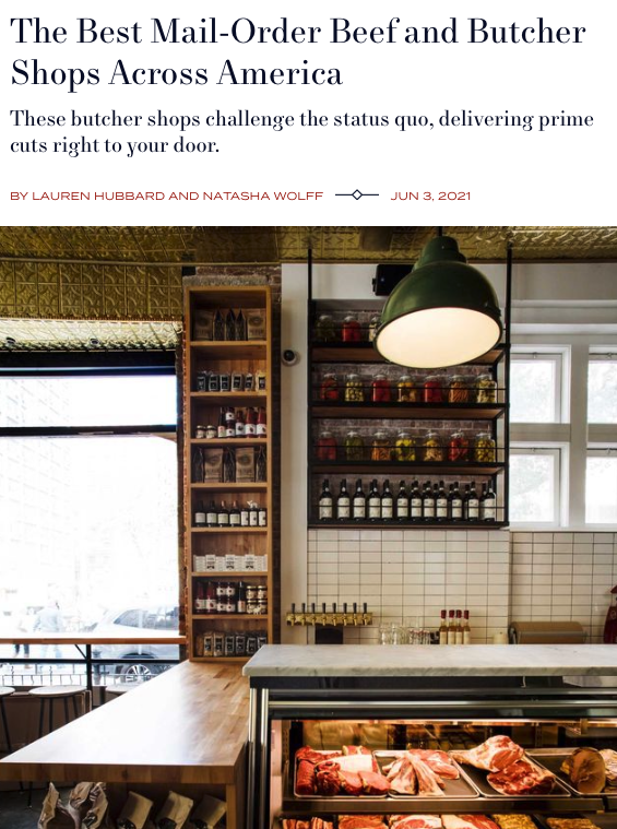 Butcher shop interior with shelves and a display case of meats, featuring a headline about mail-order beef shops.