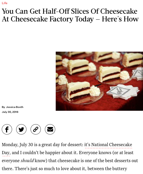 Article about half-off slices of cheesecake at Cheesecake Factory with a photo of cheesecake slices on a wooden board.