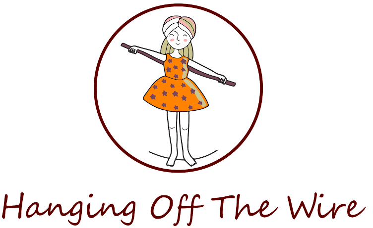 Logo with a stylized illustration of a girl in an orange dress and text 'Hanging Off The Wire' on a white background.