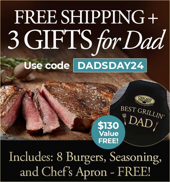 Use Promo Code: DADSDAY24 to receive 8 FREE 4oz Steak Burgers + Seasoning, a FREE Grillmaster Apron, Plus FREE Shipping on orders of $189+.