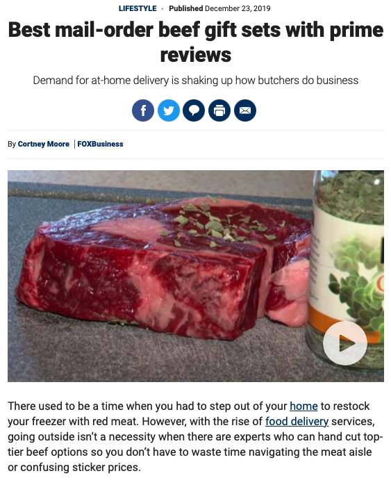 Screenshot of the article with title: Best mail-order beef gift sets with prime reviews and picture of raw meat