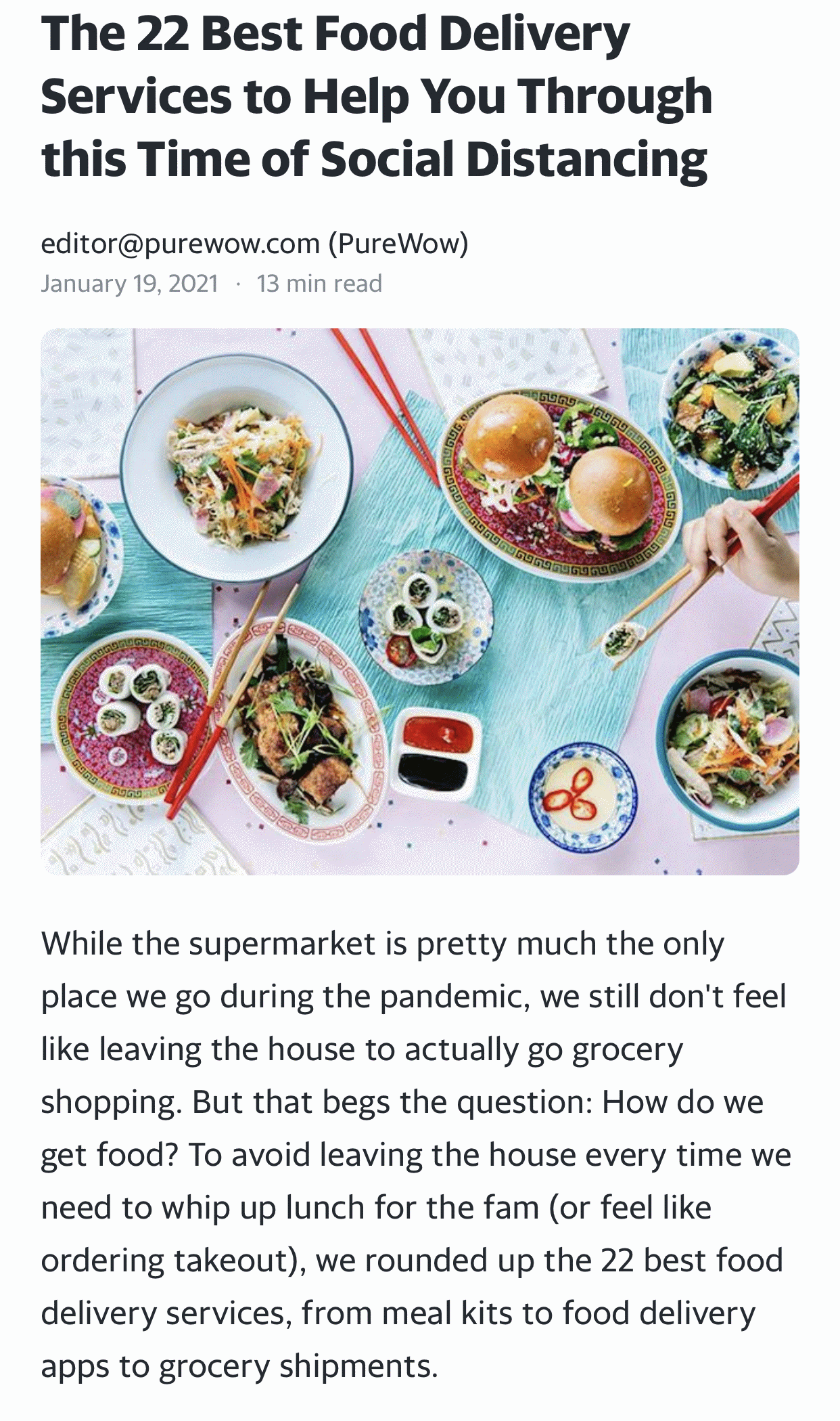 Screenshot of the article with title: The 20 Best Food Delivery Services to Help You Through this Time of Social Distancing and picture of sushi, salads and hamburgers